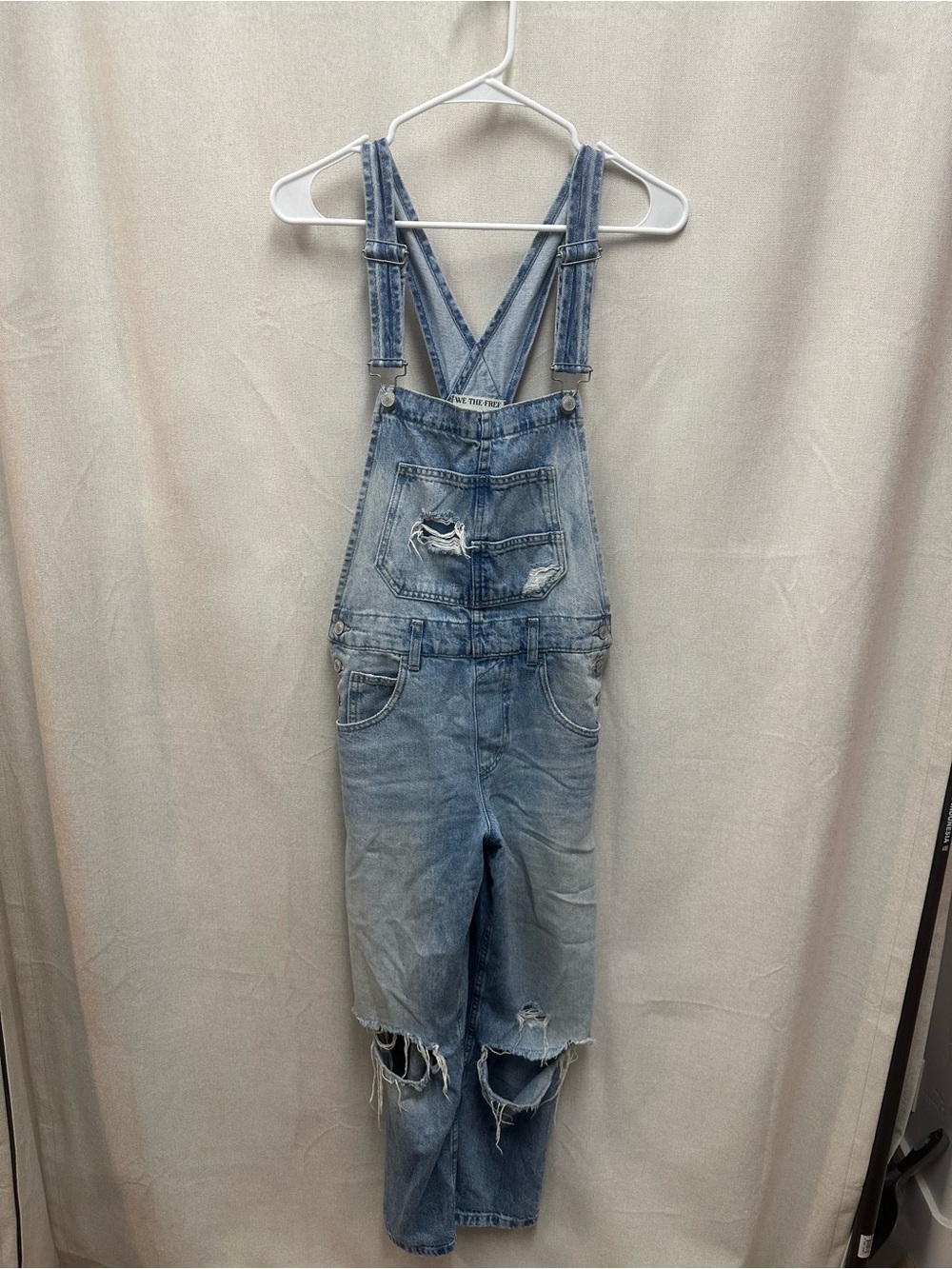 Free People Light Blue Distressed Denim Overalls